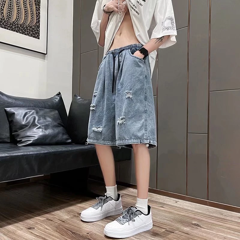 夏季薄款破洞牛仔短裤男潮牌直筒宽松潮流百搭港风青少年五分裤子