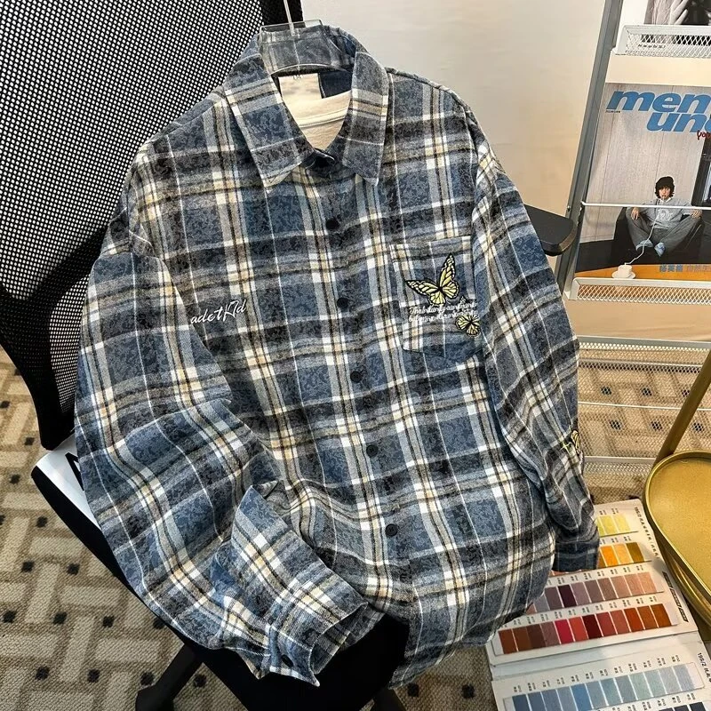 日系蓝色格子衬衫男美式休闲小众宽松街头风嘻哈潮牌长袖衬衣外套