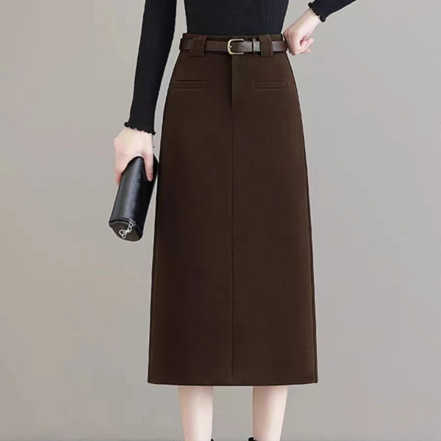 7345#西装半身裙高腰显瘦后开叉长裙【裙长74】【B6-1】