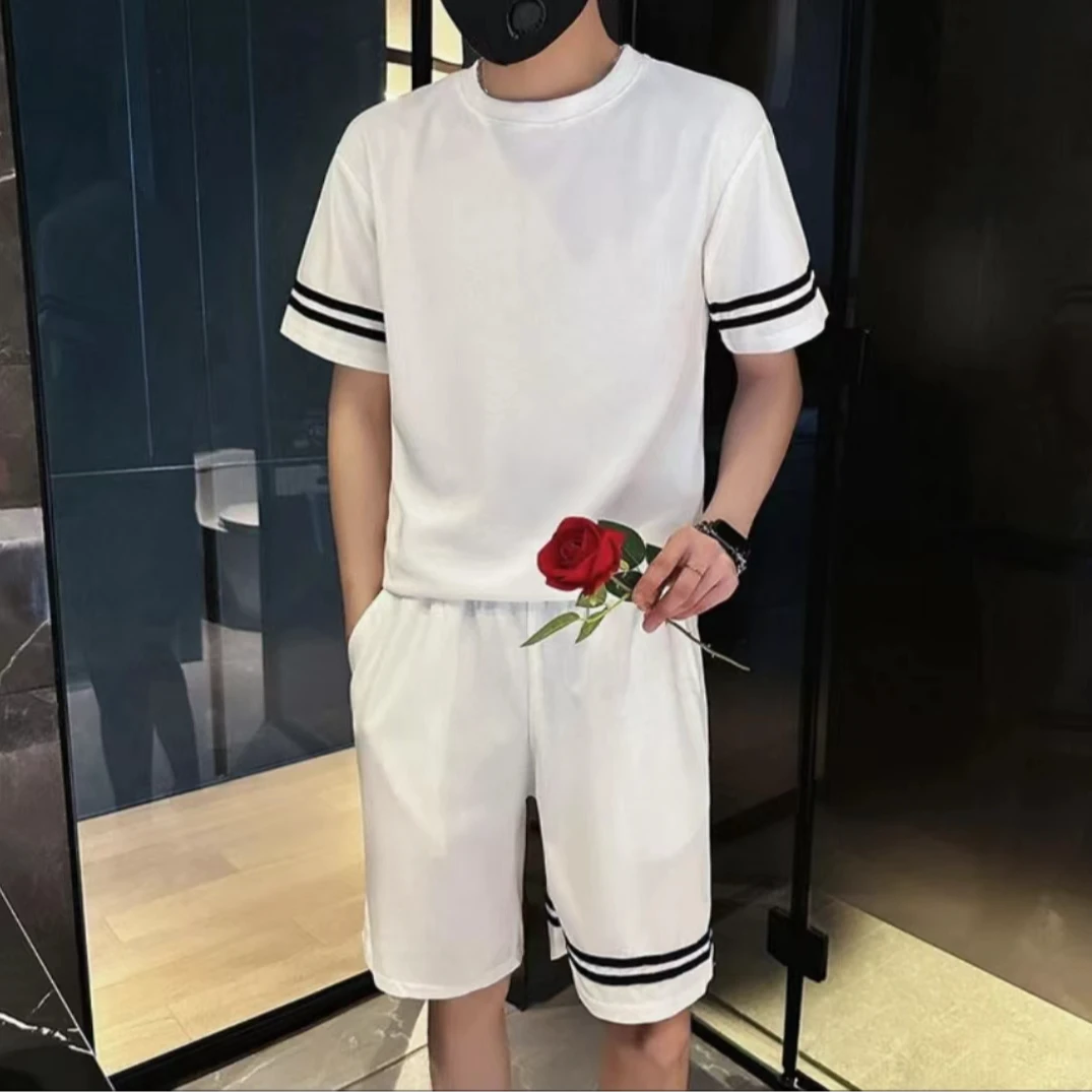 A-22男士休闲运动五分短裤套装2024新款夏季条纹短袖T恤夏季