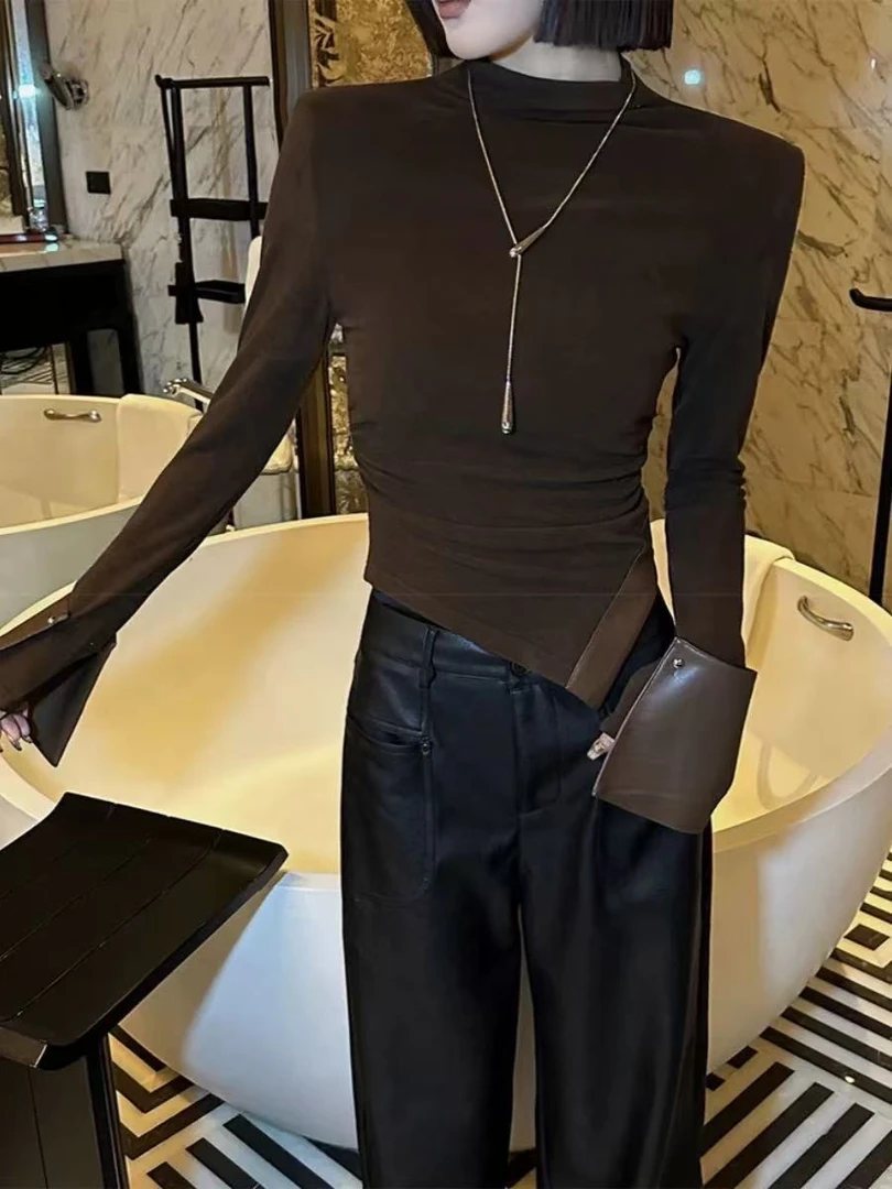 29102#加绒设计感半高领拼皮气质显瘦长袖打底衫【衣长58】A3-4