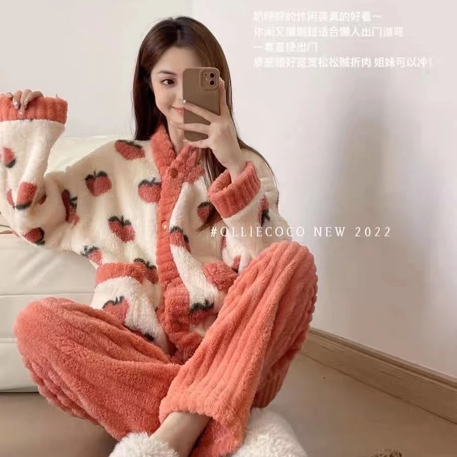 冬季加绒加厚睡衣女水蜜桃珊瑚绒两件套V领套装保暖可外穿居家服