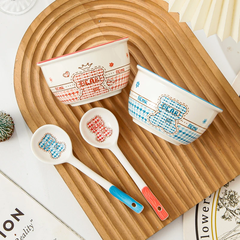 【千鸟格小熊4.5英寸米饭碗】高温陶瓷餐具家用4.5英寸米饭碗长柄勺