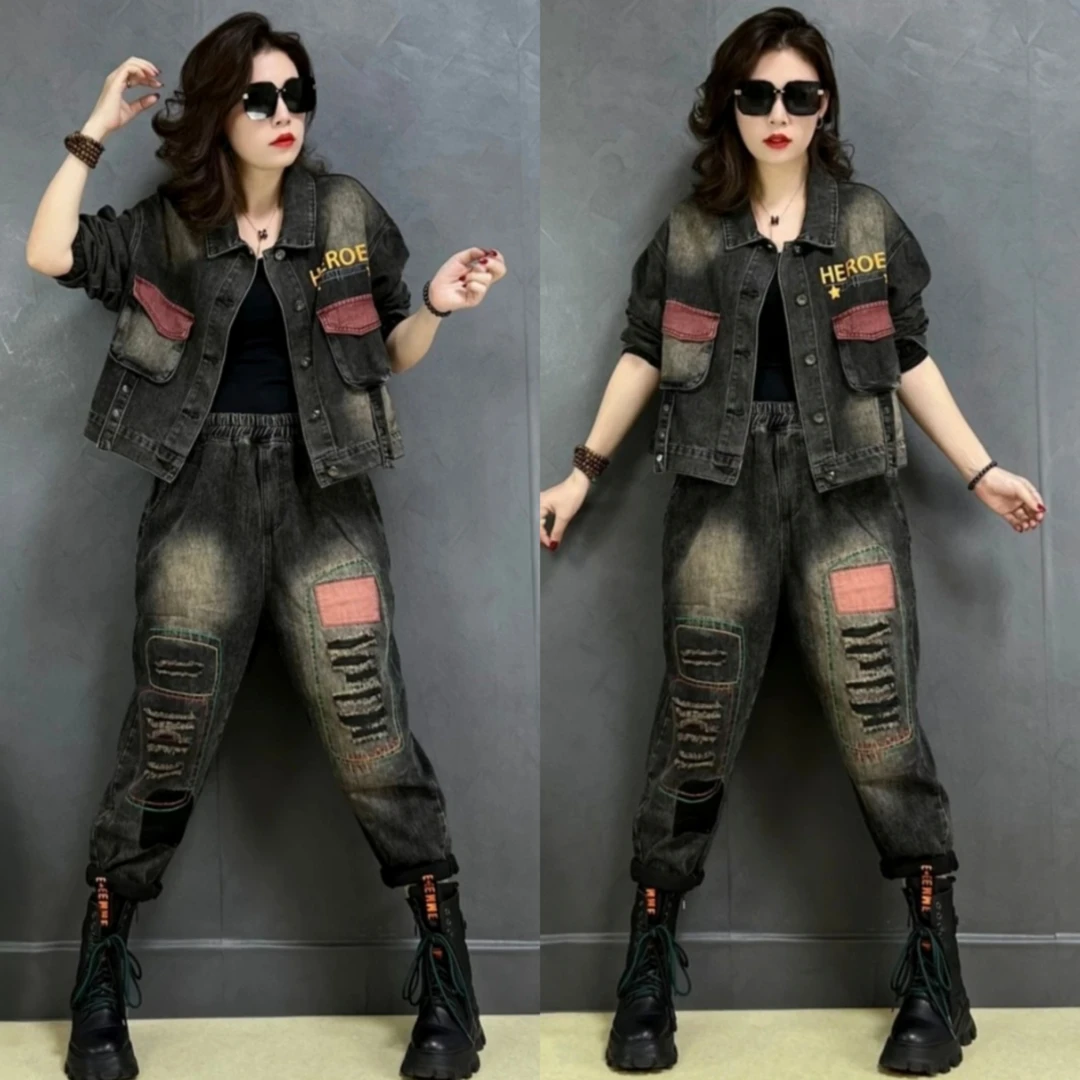 潮牌欧货2024秋装休闲时尚时髦加绒洋气显瘦女外套女装牛仔两件套