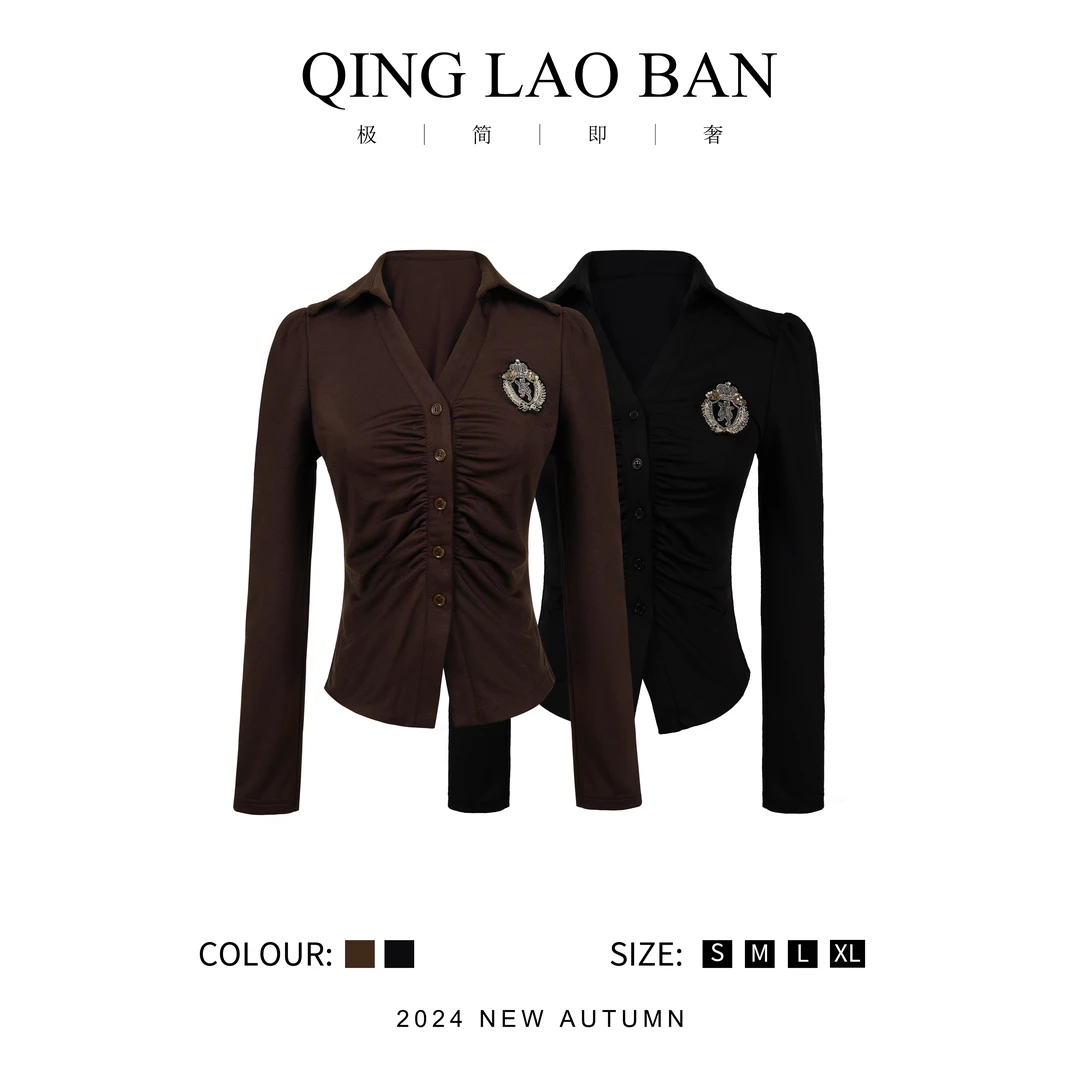 晴老板 法式翻领显瘦上衣女秋冬加厚单排扣捏褶皱衬衫配胸针Q0069