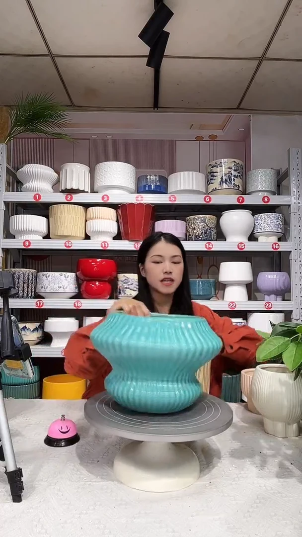 【闪购商品】陶瓷20CM以下高温陶瓷花盆-蓝竖飞碟大*瑕疵椭圆口