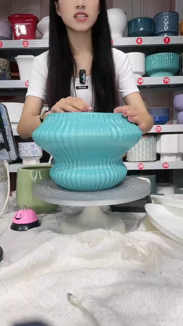 【闪购商品】陶瓷20CM以下高温陶瓷花盆-蓝竖飞碟大18*28*18