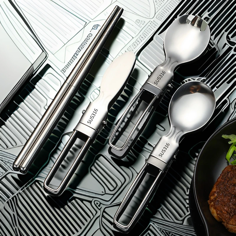 户外折叠筷子刀叉勺套装316不锈钢露营旅行餐具野餐野营多功能碗