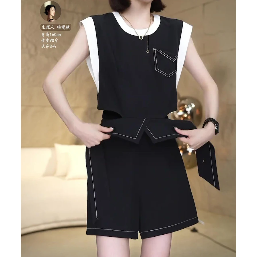 欧货时尚短裤韩版时尚运动一整套圆领黑色无袖短款上衣两件套女装