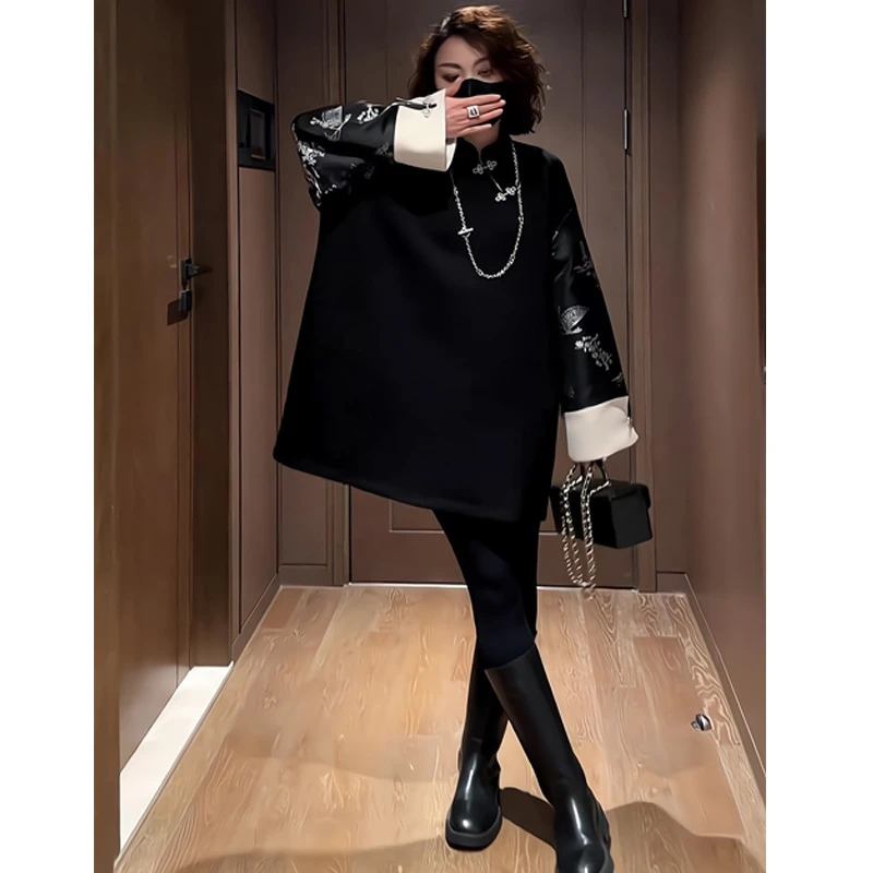 早春新款高品质新中式加厚连衣裙女设计款时尚宽松国风拼接袖短裙