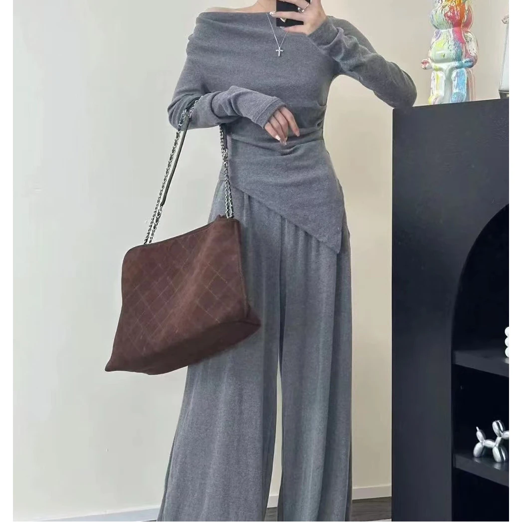 仙女定制辣妹套装女洋派时尚不规则一字上衣肩休闲阔腿裤两件套装