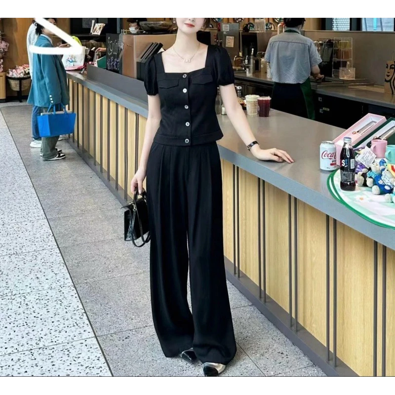 高级感时尚运动套装女夏季韩系方领短袖上衣高腰阔腿裤休闲两件套