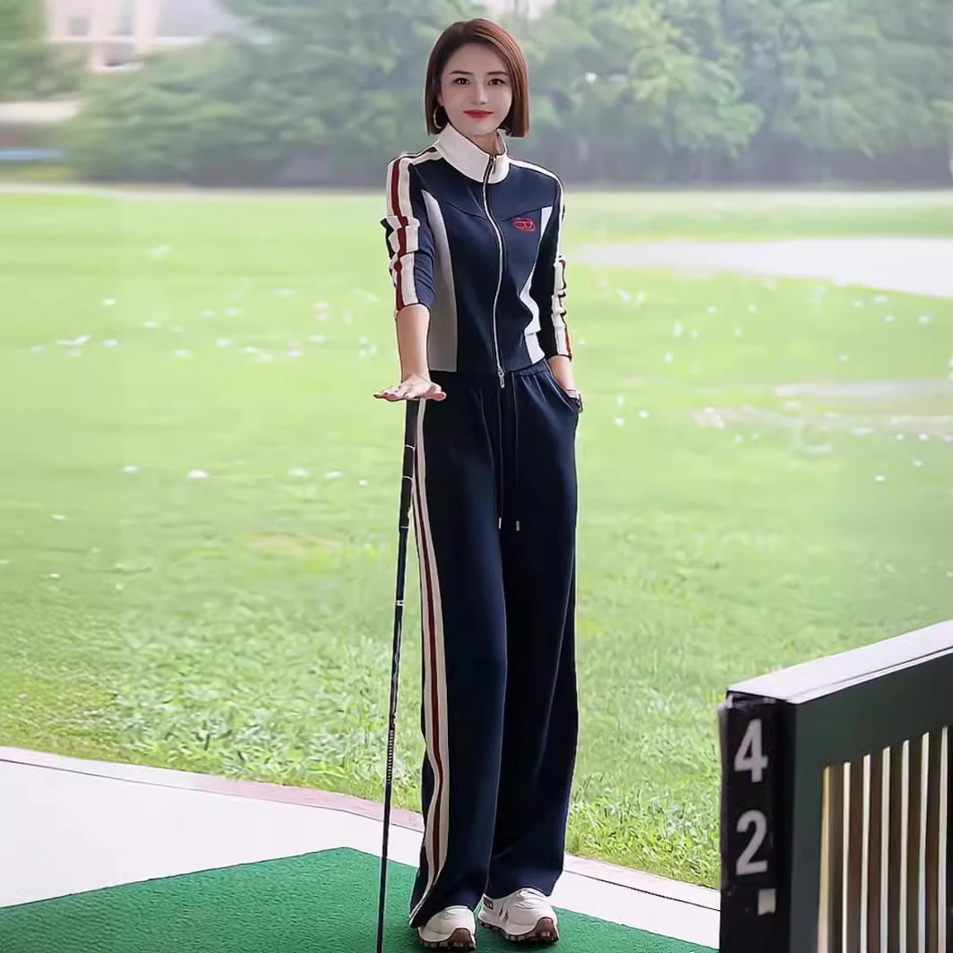 2024时尚运动新款休闲套装立领阔腿裤两件套卫衣拼接撞色休闲运动