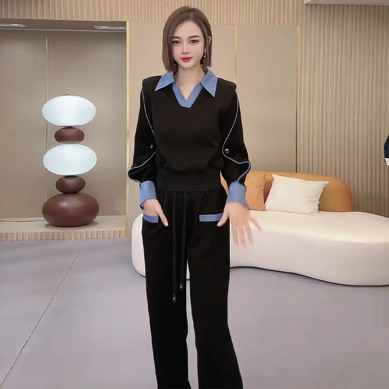 早秋休闲职业女装洋气设计拼色衬衫领两件套气质网红爆款通勤套装