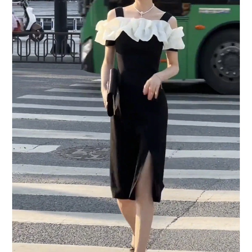 赫本风优雅气质一字肩吊带连衣裙女收腰开叉中裙2025夏季新款女装