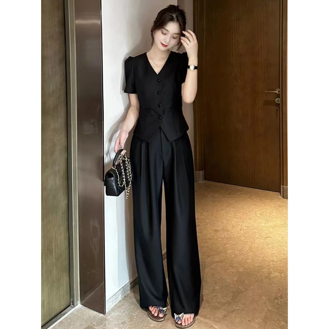 夏季显瘦气质短袖上衣短外套+直筒西裤百搭高级时尚西装套装女