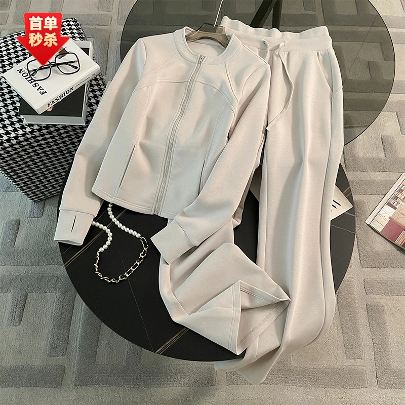 韩版修身显瘦套装女秋季新款立领开衫卫衣阔腿休闲裤两件套运动潮