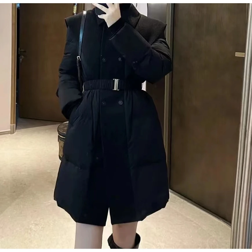 欧货今年流行翻领拼接羽绒棉服秋季新款保暖中长款收腰外套大衣