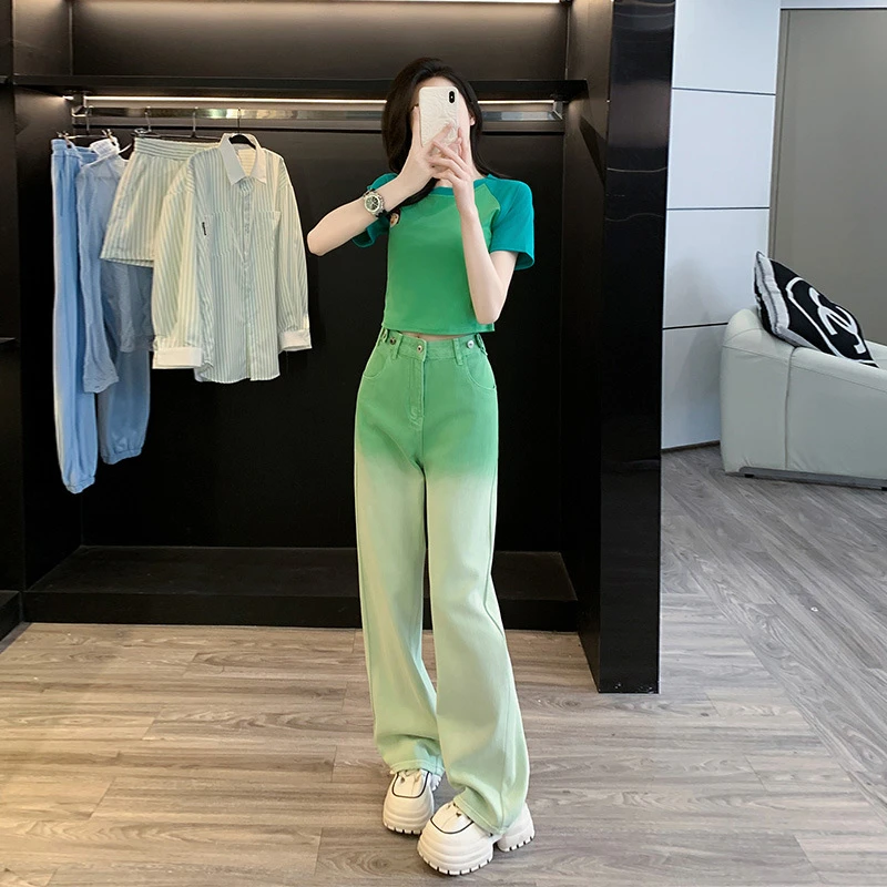 绿色短袖t恤牛仔裤套装女2024新款夏季印花紧身显瘦正肩短款上衣