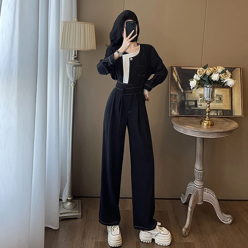 御姐范通勤干练套装女高级感气质牛仔衬衫+高腰阔腿裤显瘦两件套