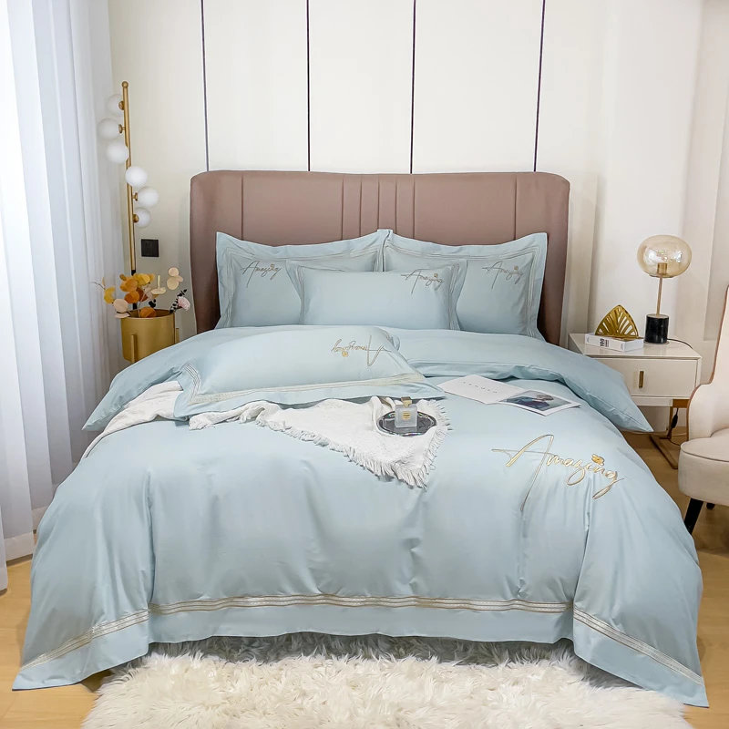 四季款高档新款全棉长绒棉刺绣四件套 轻奢简约纯色绣花床品套件