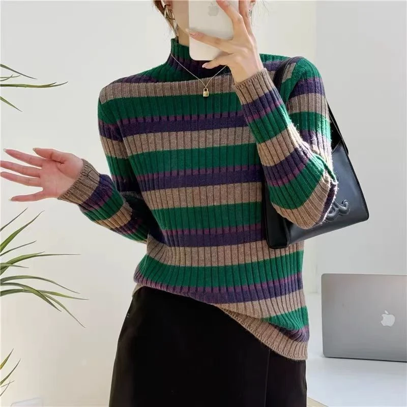 581#新款条纹半高领套头针织衫