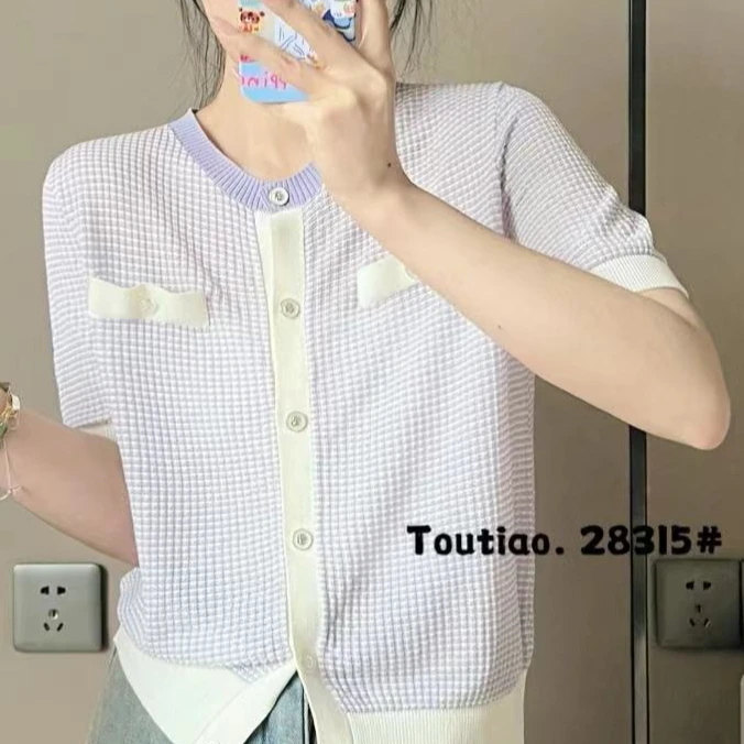 0311#新款短袖时尚百搭休闲毛衣针织衫开衫撞色33