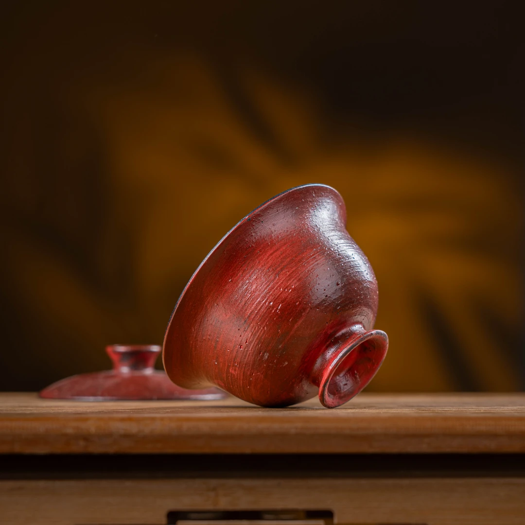 （静萱茶事）漆红内黑陶泥茶盘 手工陶泥元宝盖碗100ml