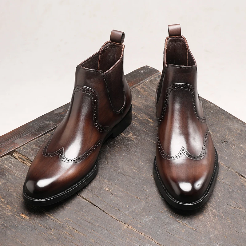 秋季布洛克雕花短靴男切尔西靴高帮皮鞋真皮英伦尖头休闲时装皮靴