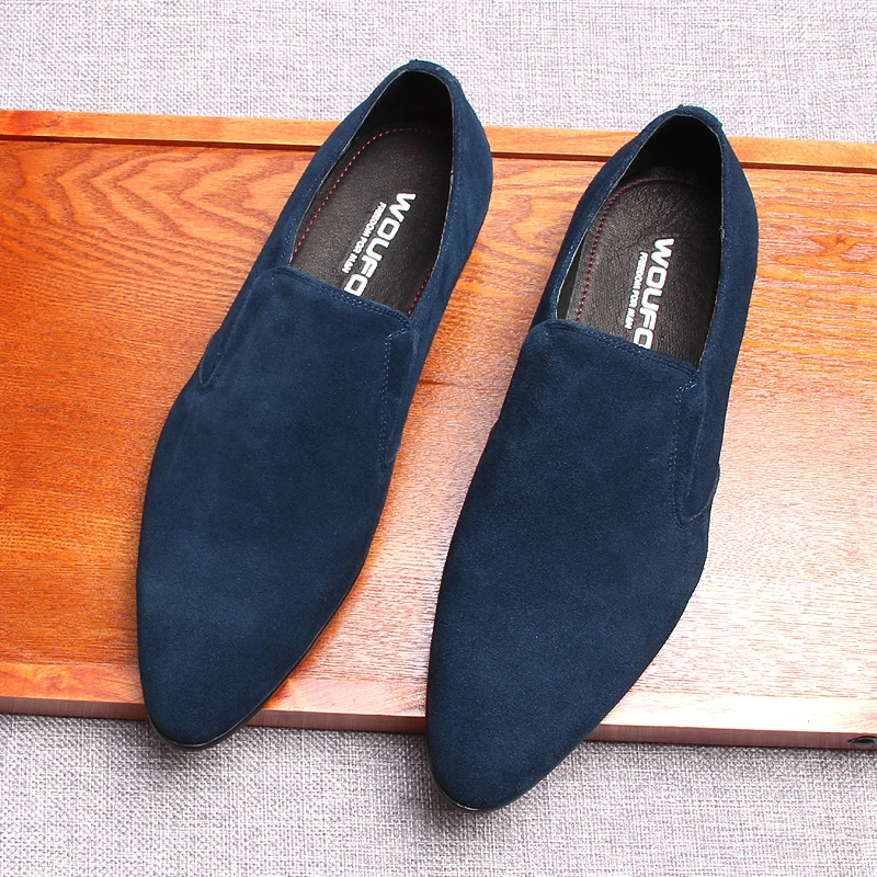 新品男士商务休闲皮鞋乐福鞋男英伦真皮一脚蹬尖头翻毛磨砂男鞋潮