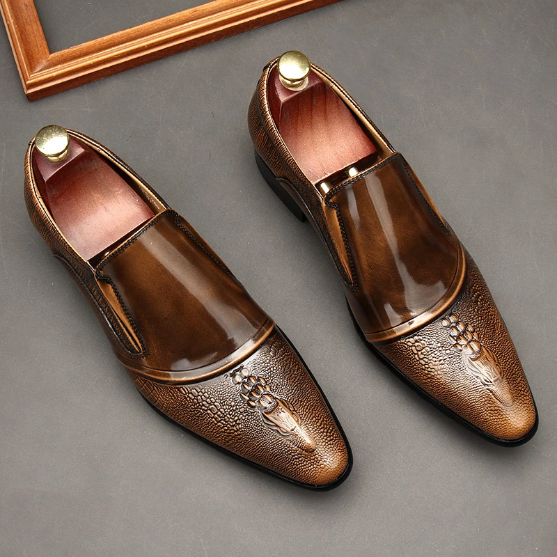 英伦风新款真皮雕花男鞋尖头英伦时尚潮流开边珠漆皮鞋子皮鞋男