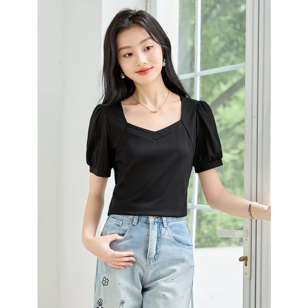 方领女式T恤24年夏季休闲甜美风百搭套头透气短袖2405000300101