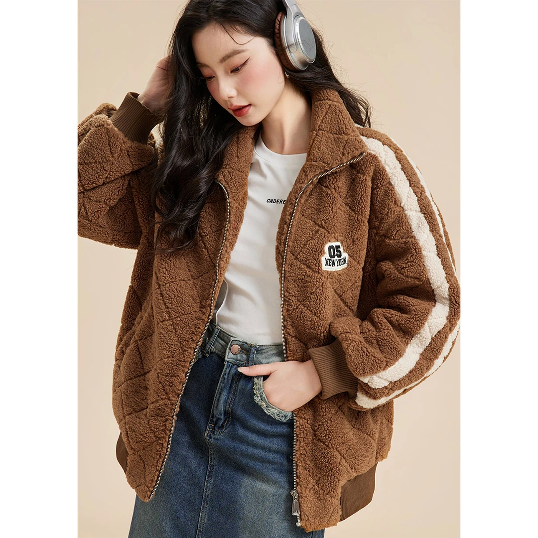 立领户外秋冬女士加厚保暖毛绒宽松冬季韩版显瘦外套