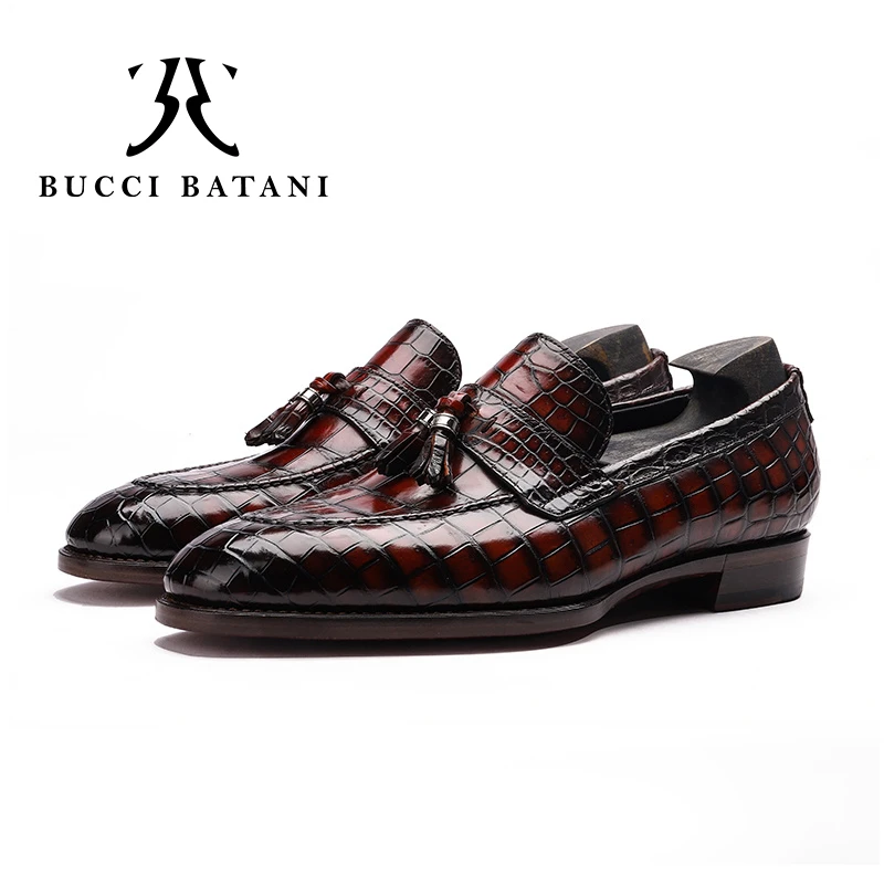 BUCCI BATANIB008  圆弧琴底手工沿条双缝线鳄鱼皮鞋男休闲乐福鞋