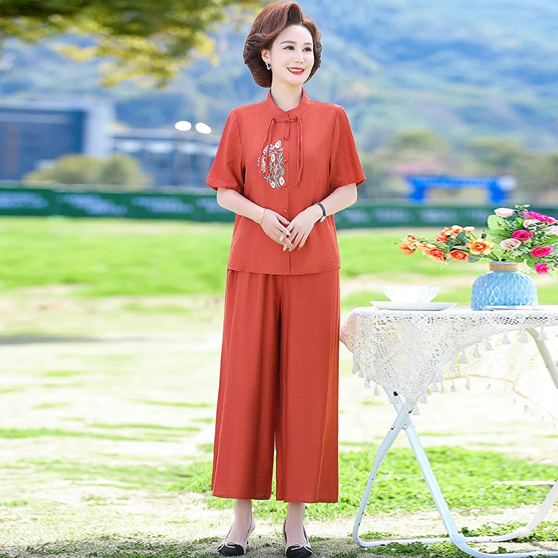 中年妈妈夏装气质短袖套装中老年国风洋气T恤开衫宽松遮肚两件套