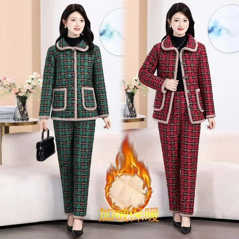 中老年女冬装妈妈加绒棉衣套装两件套2024新款加厚棉袄棉裤洋气
