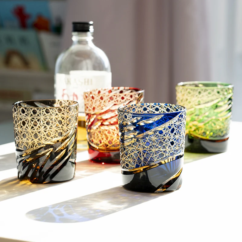 日式江户切子手工水晶雕刻玻璃杯流水龙目纹威士忌创意酒杯礼盒