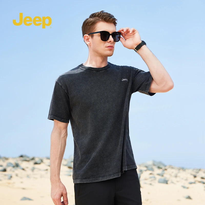 JEEP/吉普夏季运动跑步宽松透气纯棉水洗圆领休闲半袖男士短袖t恤