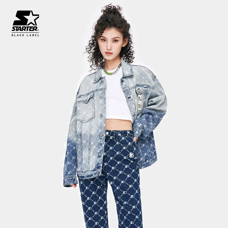 STARTER男女同款潮流复古宽松外穿水洗满印渐变牛仔外套STH1C5906