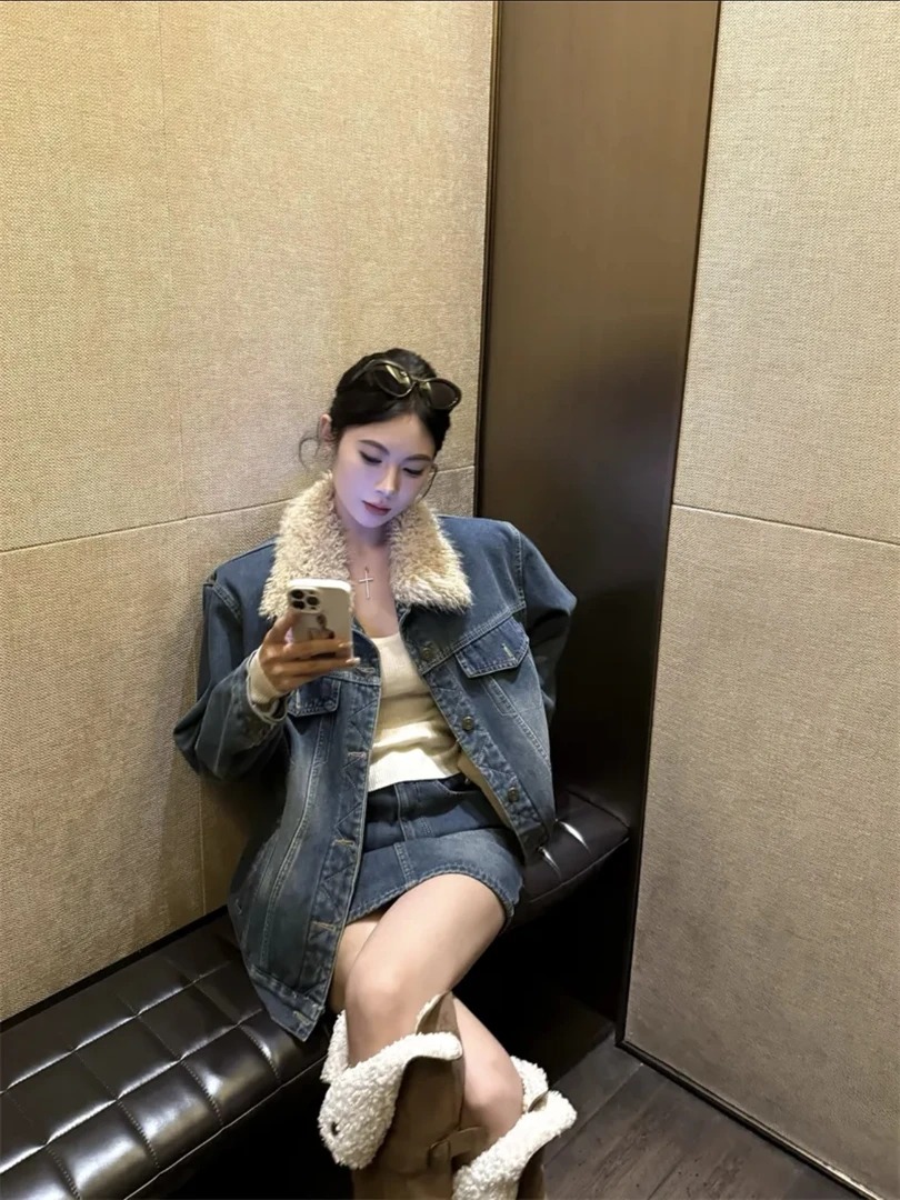 气质翻领加绒加厚牛仔长袖外套高腰半身裙两件套装女冬季复古辣妹