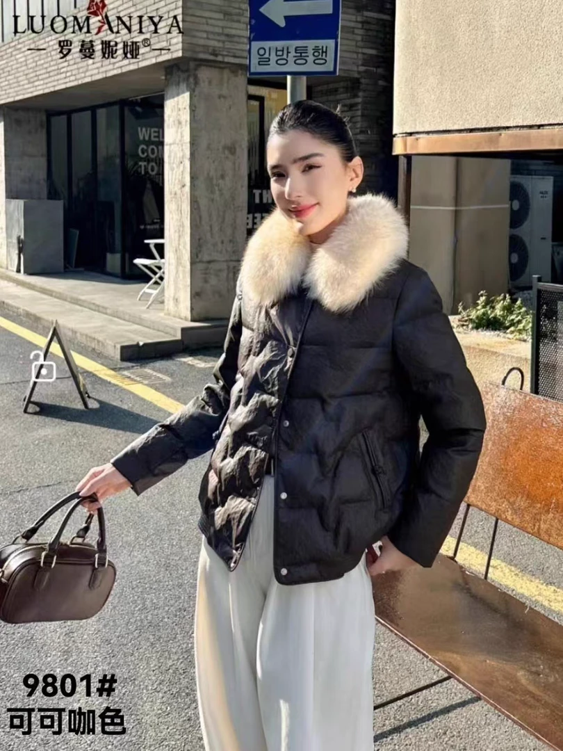 罗蔓妮娅9801正品白鸭绒真狐狸大毛领时尚羽绒服皮衣外套加厚保暖