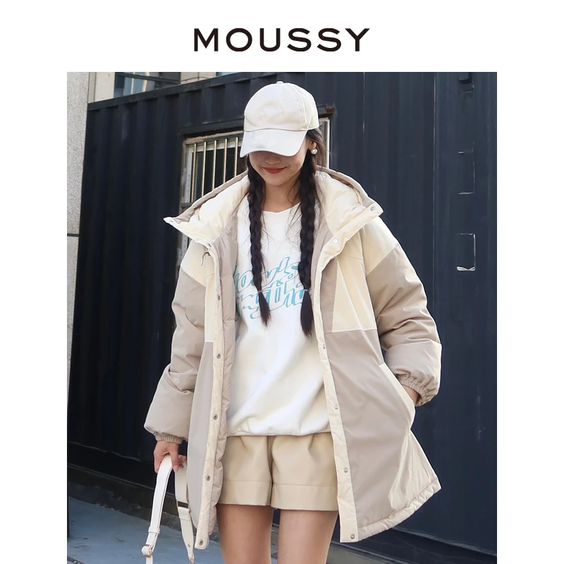MOUSSY 冬季新款时尚休闲通勤撞色宽松抽绳设计连帽保暖轻羽绒服