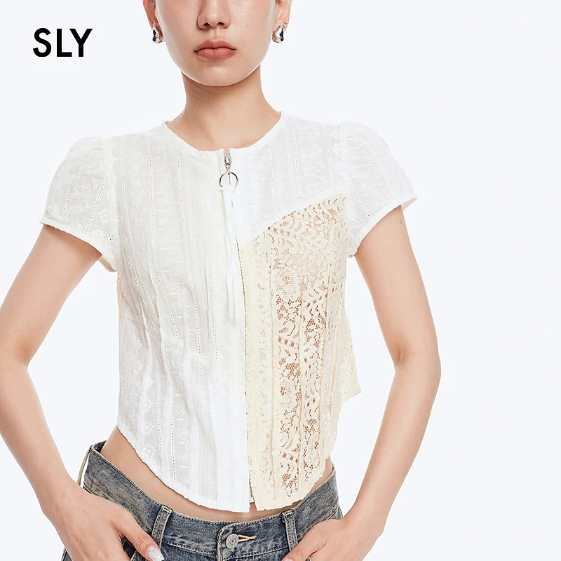 2025夏季女士短款春夏圆领鱼骨拼接针织镂空辣妹风蕾丝衬衫短袖