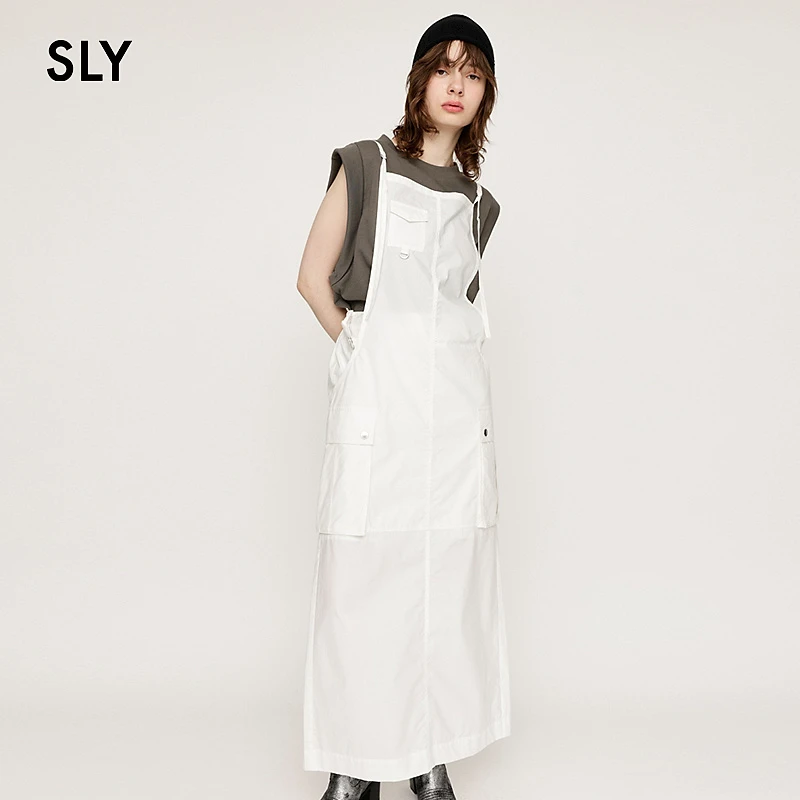 2024夏季无袖工装风街头感直筒连衣裙时尚百搭口袋背带白色纯色