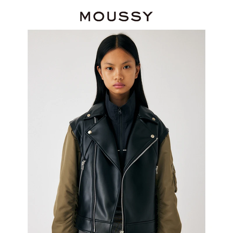 MOUSSY 秋冬机车风拼色可拆卸皮质夹克外套010GAG30-5160