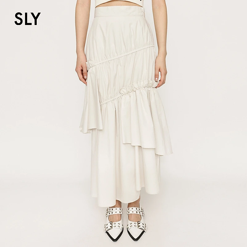 2024夏季森系度假风半身裙不规则抽褶堆叠时尚女士春季褶皱白色