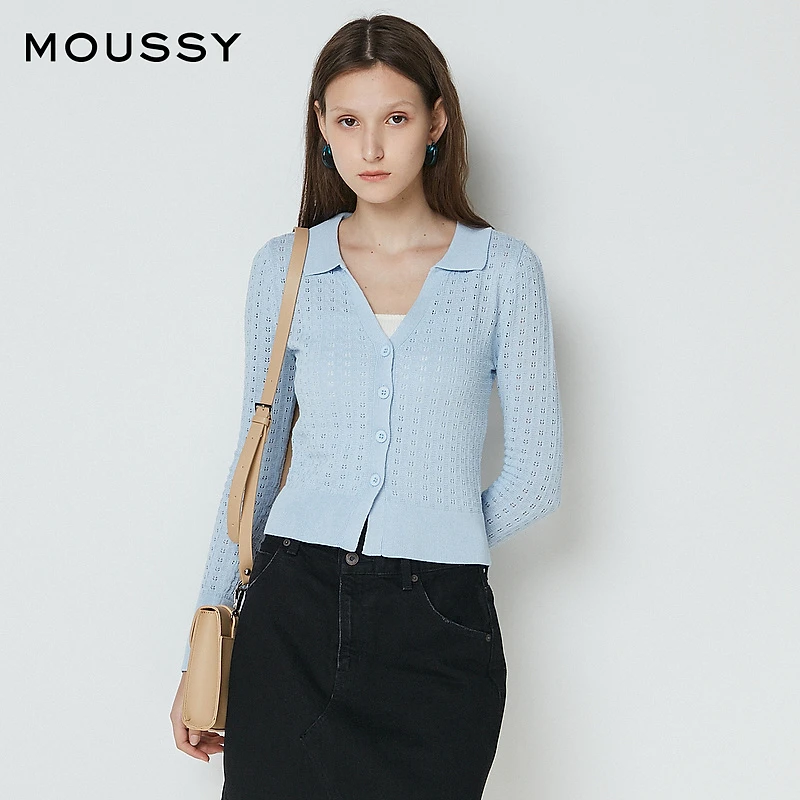 moussy 冬季新品简约风大V领纯色针织开衫女C10GAT70-0310