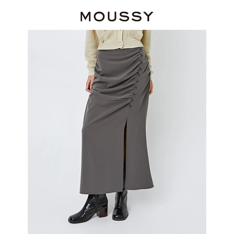 MOUSSY 秋季新款时尚纯色高腰抽褶开叉半身鱼尾裙气质半身裙女