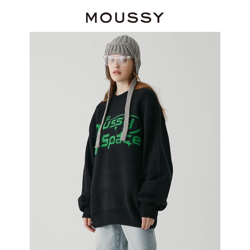 MOUSSY 秋冬圆领创意LOGO图案宽松针织毛衣028GAZ70-5370