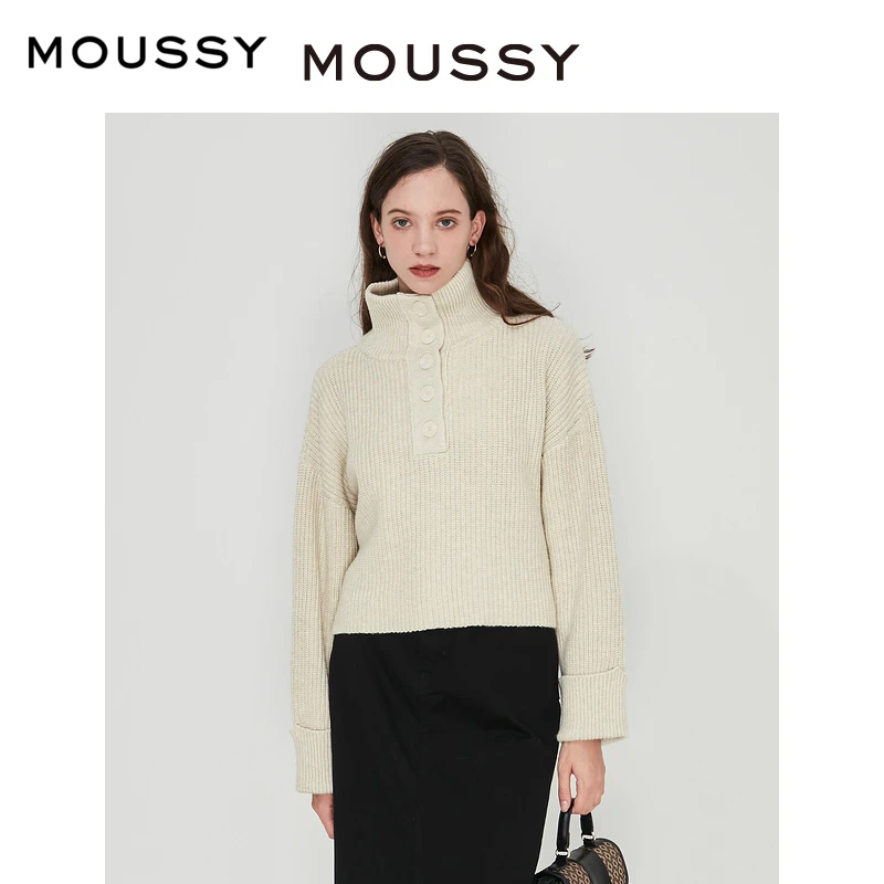MOUSSY2023秋冬新品纯色翻袖高领系扣通勤针织衫女010FAH70-6390